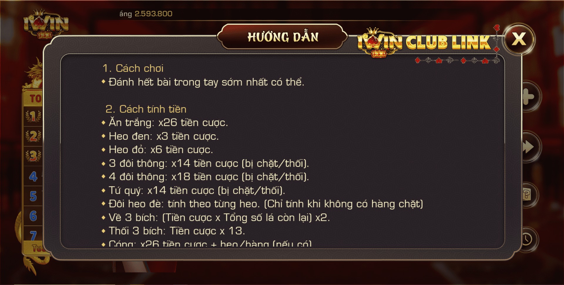 Cách tính tiền tại game bài Tiến Lên Miền Nam IWIN CLUB